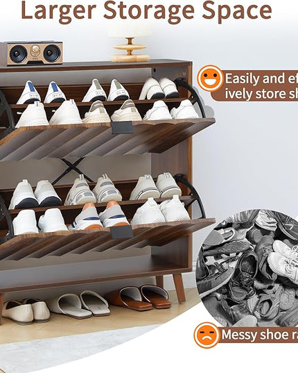 31.5” Fluted Shoe Cabinet Storage with 2 Flip Drawers,Narrow Freestanding Shoe Storage Organizer,Slim Shoe Rack Cabinet for Entryway,Hallway (Walnut)