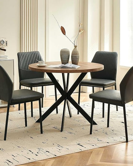37" Round Dining Table Set for 4, Mid Century Modern Small Coffee Set for Dining Room Kitchen Apartment (Walnut Table + 4 PU Leather Dark Grey Chairs)