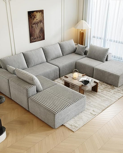 139.4" Modular Sectional Sofa Couch, Oversized U-Shaped Minimalist Couches with 2 Ottomans Chaise and 2 Middle Seats, Modern Deep Seat Cloud Plush Corduroy Sofas Set for Living Room, 8 Seater, Grey