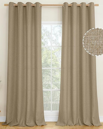 LAMIT Linen Textured Curtains for Living Room, 95 inches Long Grommet Thermal Insulated Thick Burlap Curtains Light Filtering Panels for Bedroom/Farmhouse, Set of 2 Panels, W52 x L95, Tan Brown