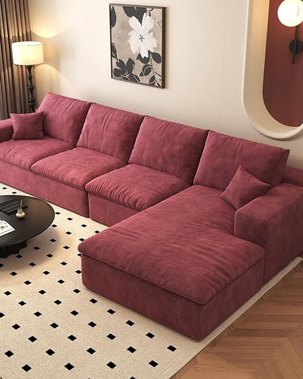 136.6'' L-Shaped Modern Modular Sectional Cloud Couch, 4-Seat Chenille Deep-Seat Sofa with Pillow for Living Room, Bedroom, Apartment, Wine Red
