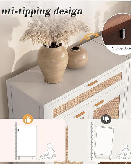 YOUDENOVA 60.3" Sideboard Buffet Cabinet, Rattan Cabinet Cupboard Console with 4 Doors & 2 Drawers, Boho Coffee Bar Table with Adjustable Shelves for Dining Room, Living Room, White