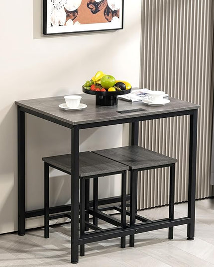 Finnhomy 3-Piece Dining Table Set, Small Kitchen Table with 2 Chairs, LED Light and USB Type-C Power Outlet, Space-Saving Design for Dining Room, Living Room, Apartment, Grey+Black