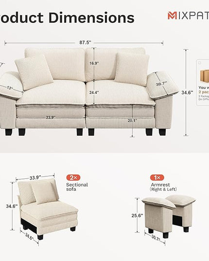 87" Cloud Modular Sectional Loveseat, 2-Seater w/Deep Seat & Removable Arms, Plush Corduroy for Small Living Room & Apartment - Beige