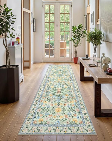 Wonnitar Washable Runners for Hallways, 2'6''x8' Floral Green Runner Rug for Kitchen Bathroom, Boho 8ft Non Silp Extra Long Rugs for Entryway Bedroom Laundry
