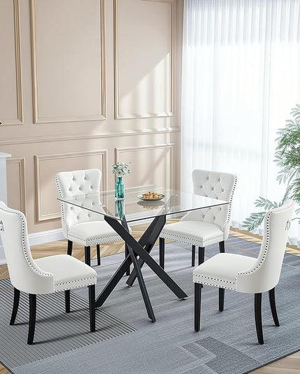 5 Piece Square Glass Dining Table Set for 4, Modern Dining Room Table and Chairs Set, Tempered Glass Top Kitchen Table with 4 Velvet Chairs, Space Saving Dining Set for Small Apartment or Home