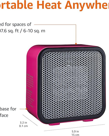 Amazon Basics Ceramic Space Heater, Mini Heater for Office Desk, Portable Tent Heater (Indoor Use), 500 W, With Tip-Over Protection, Lightweight (1.4 LBS), Pink, 5.9 x 3.2 x 6 inches