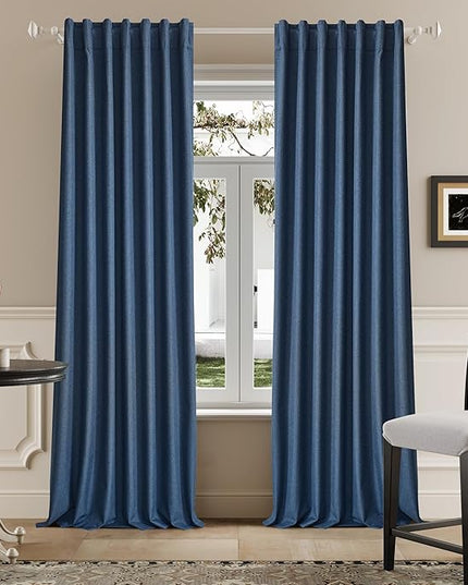 DUALIFE 120 Inch Extra Long Linen Blue Curtains Floor to Ceiling for Sliding Glass Doors 2 Panels, Flax Linen 100% Blackout Elegant Boho Thermal Curtains for Large Windows 10 FT Drapes,50 x 120 Inch