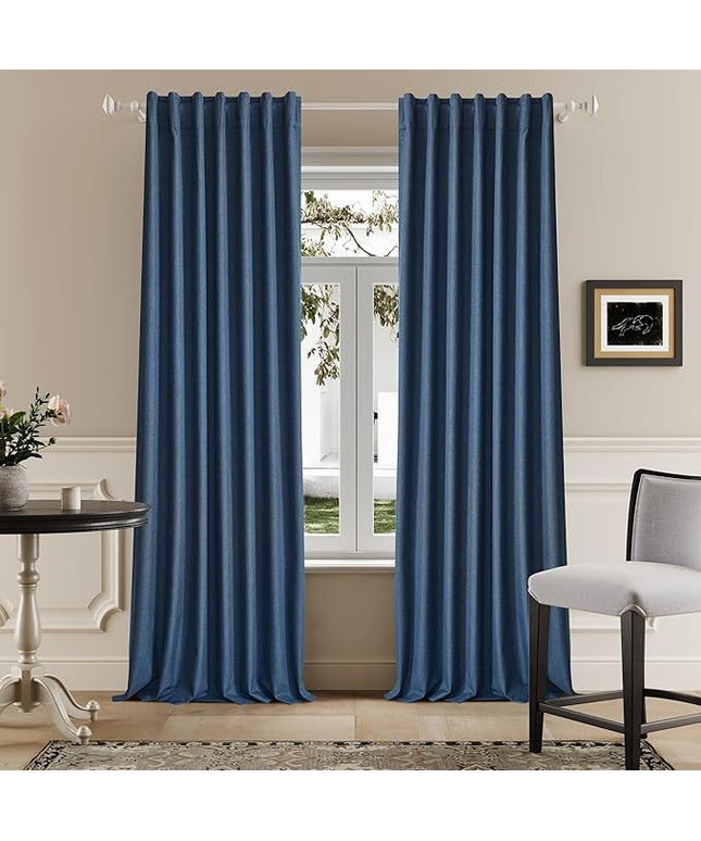 DUALIFE Blue Linen Full Blackout Curtains 108 Inch Length 2 Panels Set for Living Opaque Privacy Back Tab Thermal Insulated 100% Black Out Room Darkening 9ft Window Curtain Drapes 108 Inches Long