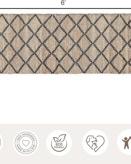 REDEARTH · Jute Cotton Area Rug, Sustainable Handwoven, Non-Shedding, Soft & Durable – Reversible, Neutral Tones for Home Décor in Living Room, Dining Room, Bedroom (Sierra Loom Black, 2'x6')