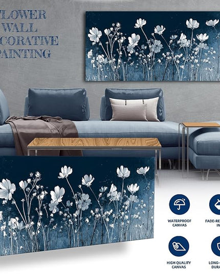 HUADAOART Canvas Wall Art White Wildflowers on Navy Blue Background Modern Floral Home Decor for Bedroom 20" x 40"