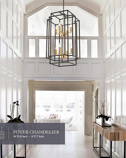 8-Light Lantern Tiered Pendant Light Fixtures, Black Metal Farmhouse Chandelier Hall Foyer Hanging Chandelier for Kitchen Island Dining Room Living Room Foyer Entryway, Black+Gold