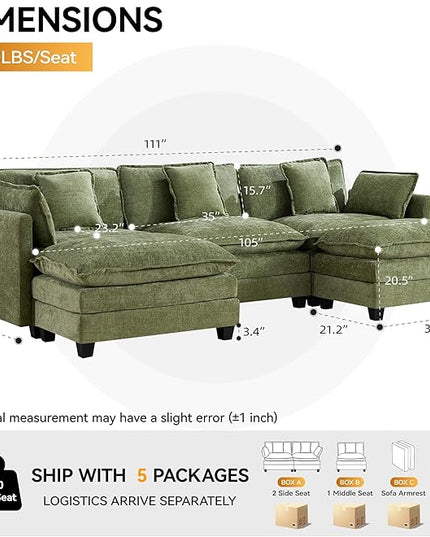 111'' Sectional Cloud Deep Seat Couch, Oversized Chenille U Shaped Sectional Sofa for Living Room Set, Comfy Upholstered Modular 3-Seats Sectional Sofa Couch with 2 Movable Ottoman, Green