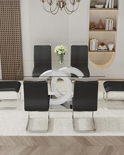 Ebullient Glass Dining Table Set for 6 ，7 Piece Dining Table Set,Tempered Glass Table Top，White Modern Dining Room Table with 6 PU Leather Ergonomic Dining Chairs