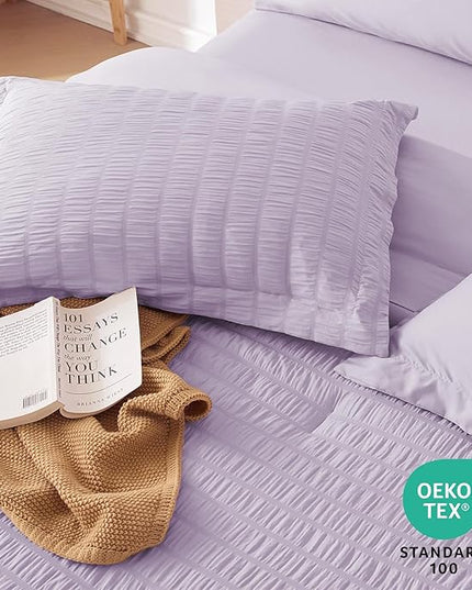 MUXHOMO 7 Pieces Queen Comforter Set, Seersucker Bed in a Bag Queen Size, All Season Luxury Bedding Set with Comforter, Flat Sheet, Fitted Sheet, Pillowcases & Shams, Lavender
