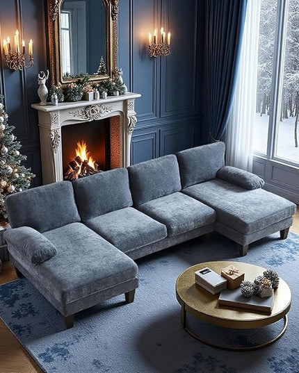VINGLI 110" Sectional Couches for Living Room,U Shaped Couch with Double Chaise, 4-Seat Sofa Set with Corduroy Fabric for Home Furniture,Ocean Blue