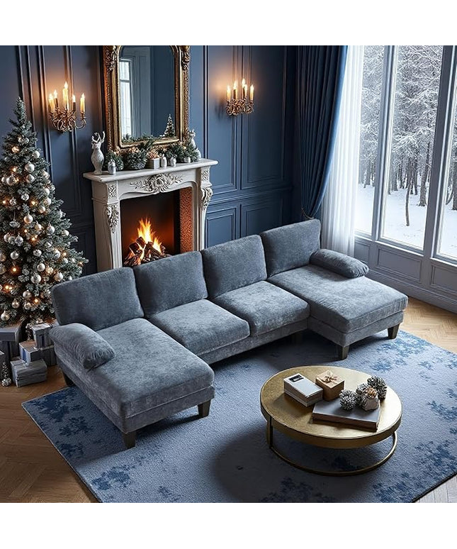 VINGLI 110" Sectional Couches for Living Room,U Shaped Couch with Double Chaise, 4-Seat Sofa Set with Corduroy Fabric for Home Furniture,Ocean Blue
