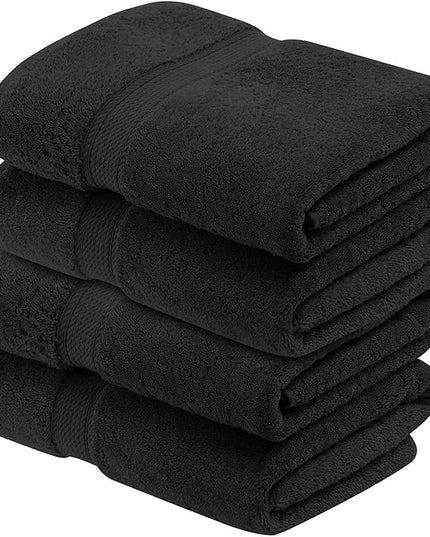 Superior Egyptian Cotton Pile Bath Towel Set of 4, Ultra Soft Luxury Towels, Thick Plush Essentials, Absorbent Heavyweight, Guest Bath, Hotel, Spa, Home Bathroom, Shower Basics, Black