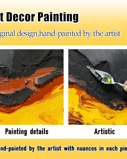 GUGIKA Abstract Wall Art for Living Room, Hand Painted 3D Textured Magma Paintings, Black and Gold Yellow Volcanic Lava Canvas Wall-Decor for Bedroom, Size 40 x 20 Inches