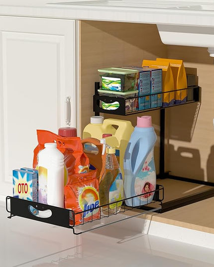 Under Sink Organizer with Pull-Out Drawers,Kitchen Sink Organizer,2 Tier Bathroom Organizers And Storage,Bathroom Accessories Set,Black 1 Pack