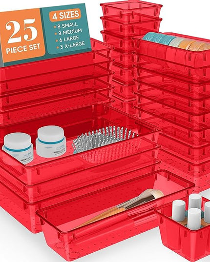 WOWBOX 25 PCS Plastic Drawer Organizer Set, 4 Sizes Desk Drawer Divider Organizers and Storage Bins for Makeup, Jewelry, Gadgets for Kitchen, Bedroom, Bathroom, Office, Clear Red