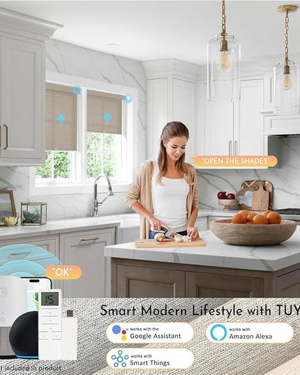 Persilux Smart Motorized Blinds with Remote, No Drill Automatic Roller Shades for Indoor Windows, Light Filtering Linen Fabric, Electric Blinds for Windows, Linen Light Brown C156-3, Custom Size