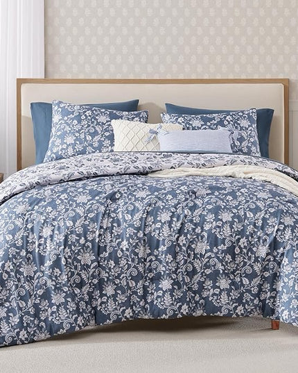 King Comforter Set -7 Pieces Floral Oxford Blue Comforter Set for All Seasons, Bed in a Bag King with Botanical Flowers Comforter, Sheets, Pillowcases & Shams