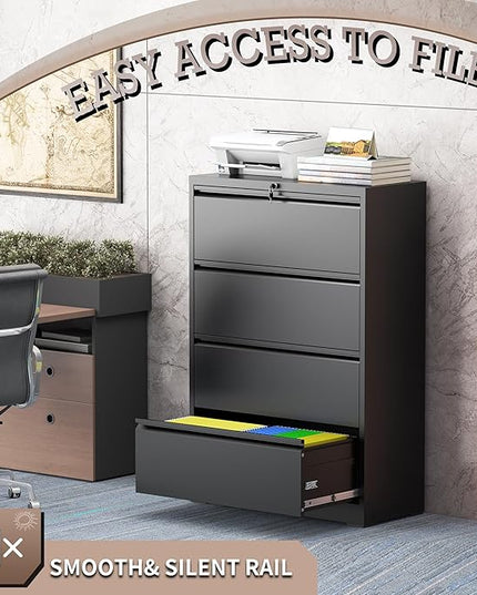 4 Drawer Lateral File Cabinet with Lock, Metal File Cabinet, Lateral File Cabinets for Home Office, Heavy Duty File Storage Cabinet for Legal/Letter/A4 Document, Assembly Required, Black