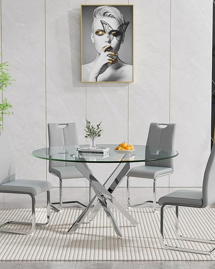 HomVent Round Glass Dining Table Set for 4, 5-Piece Modern Kitchen Table Set with 4 PU Upholstered Chair for Kitchen Dining Room, Glass Dining Room Table Set