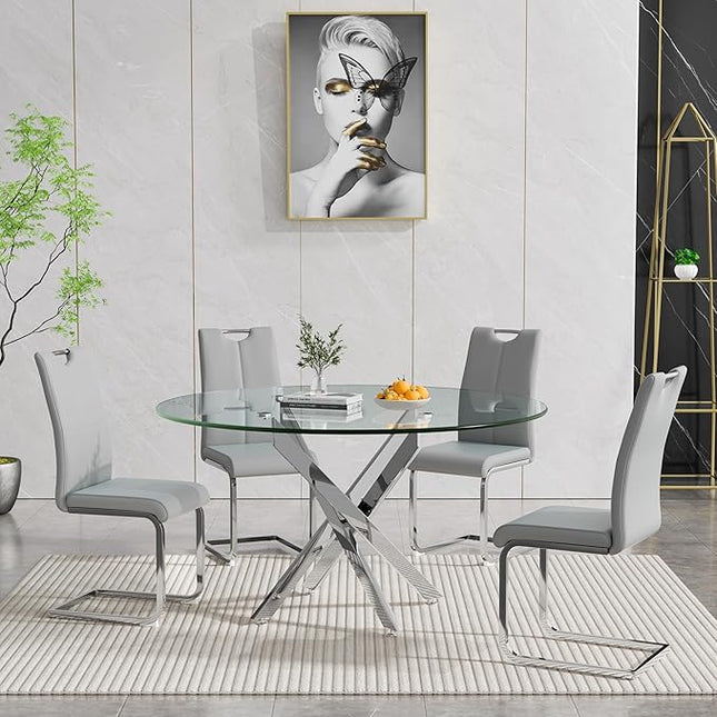 HomVent Round Glass Dining Table Set for 4, 5-Piece Modern Kitchen Table Set with 4 PU Upholstered Chair for Kitchen Dining Room, Glass Dining Room Table Set