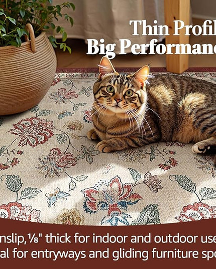 jinchan Elora 3x10 Floral Runner Rug for Hallway Washable Runner Vintage Romance Christmas Design Non Slip Thin Indoor Floor Cover Low-Profile Throw Carpet for Entryway Bathroom Bedroom, Red/Beige