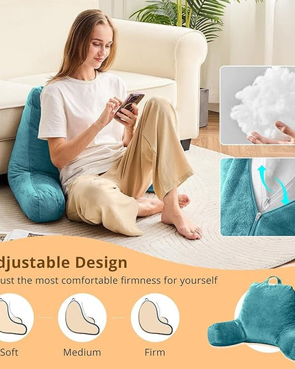 Sasttie Reading Pillow, Velvet Back Pillow for Bed Sitting Up, Adult Back-Rest Support Cushion with Arms for Sit Up on Couch, Sofa, and Floor, Dorm Essentials, Reading Accessories, Teal Blue