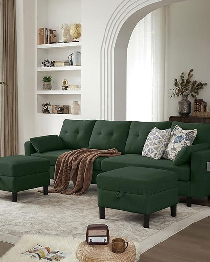 101" Sectional Sofa 4 Seat U Shaped Couch with Storage Ottoman for Living Room, Reception Room ect, Combination Sectional Couch with Movable Ottoman Sets, Green
