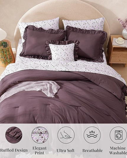King Comforter Set - 7 Pieces Ruffle Purple Bedding Sets, Shabby Chic Farmhouse Bed in a Bag King with Ruffle Comforter, Floral Sheets, Pillowcases & Shams