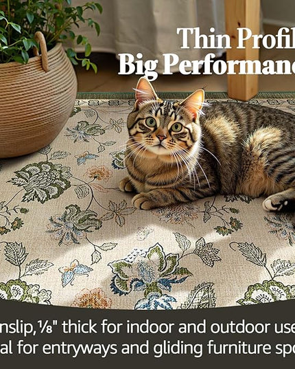 jinchan Elora 8x10 Floral Rug for Living Room Washable Bedroom Rug Vintage Romance Christmas Design Non Slip Thin Indoor Floor Cover Large Low-Profile Throw Carpet for Dining Room Office, Green/Beige