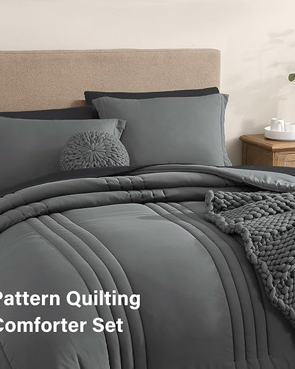 Monbix King Size Comforter Set - 7 Pieces Bed in a Bag King, Grey Bedding Sets with Comforter, All Seasons Comforter Bed Set with Sheets, Pillowcases & Shams