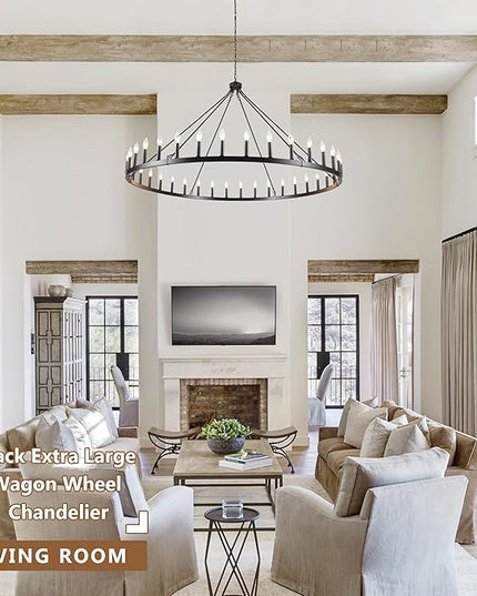 Black Extra Large Wagon Wheel Chandelier, 60 inch 36 Lights Farmhouse Chandelier, Industrial Candle Round Pendant Light Fixture for High Ceiling Living Room Dining Room Outdoor Porch Entryway Hallway