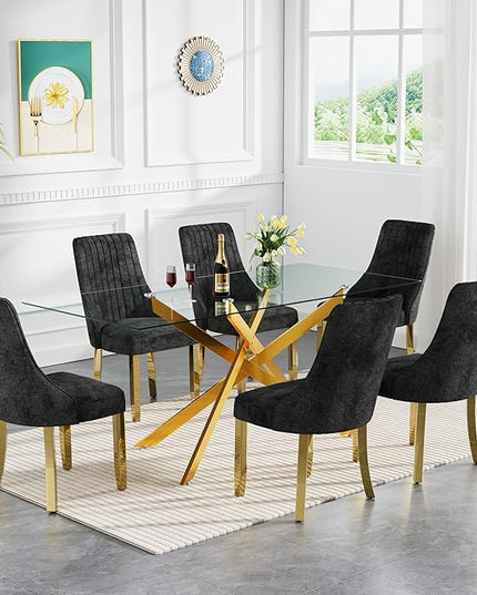 Rectangle Glass Dining Table Set for 6, 52'' Kitchen Table and Chairs Set, 7PCS Modern Dining Room Table Set with 6 Dining Chair for Home