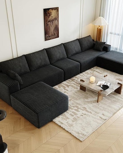 168.5" Modular Sectional Sofa, Oversized U-Shaped Minimalist Couches with 1 Middle Seat and 2 Ottomans Chaise, Modern Deep Seat Convertible Sleeper Sofa, Cloud Plush Corduroy Fabric,7 Seater, Black