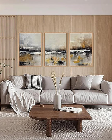 HOURIA Abstract Neutral Brown Tan Canvas Framed Wall Art Set,Textured Grunge Beige Wall Decor,Minimalist Black White Brush Stroke Artwork,Pastel Minimal Zen Print for Living Room,Bedroom-16 x24 x3