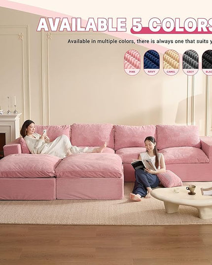 137.8” Sectional Couches for Living Room, Cloud Couch, Modular Sectional Sofa, Convertible Sofas Bed, Deep Seat Sofa, U Shaped Cozy Sofa Furniture Set, Corduroy, Pink