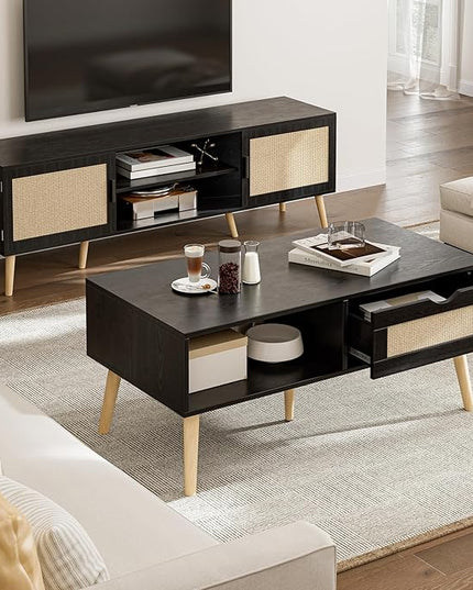 Wood Coffee Table with Storage, Boho Dining Table with Sliding Rattan Door Panel and Solid Wood Legs, Small Coffee Tables for Living Room, Black