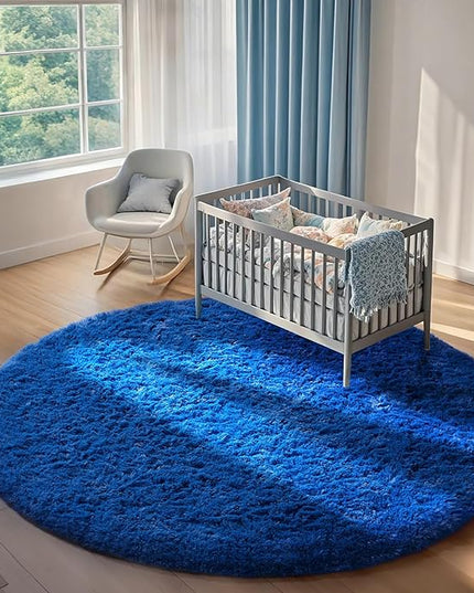 Ophanie Round Rug 7Ft Blue Circle Area Rug, Boys Room Decor, Fluffy Fuzzy Bedroom Carpet, Plush Soft Shaggy Living Room Rugs for Kids Home Decor Aesthetic, Nursery