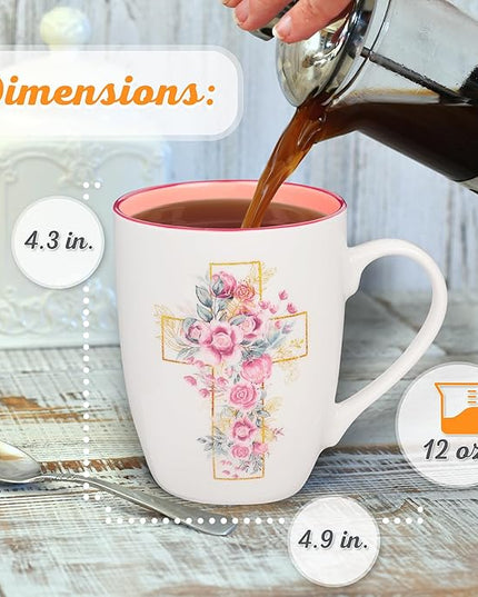 Christian Art Gifts Encouraging Ceramic Coffee & Tea Mug for Women: Rosy Pink Floral Cross, Microwave & Dishwasher Safe Cup, Cute Lead-free Inspirational Encouraging Novelty Drinkware, White, 12 oz.