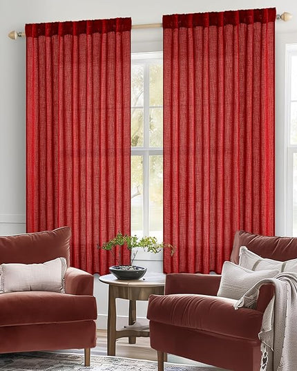 MIULEE Red Linen Short Curtains 63 Inch Length 2 Panels for Kitchen Bedroom, Christmas Soft Thick Linen Textured Window Drapes Living Room Semi Sheer Light Filtering Back Tab Burlap Look Decor
