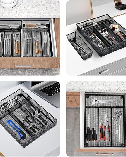 Neudeco Drawer Organizer Set 5 Pack - 4-Compartment Silverware Organizer Tray + 4 Utensil Trays, Kitchen Drawer Organizer for Flatware, Cutlery, Office Supplies, Black Mesh, Non-Slip.