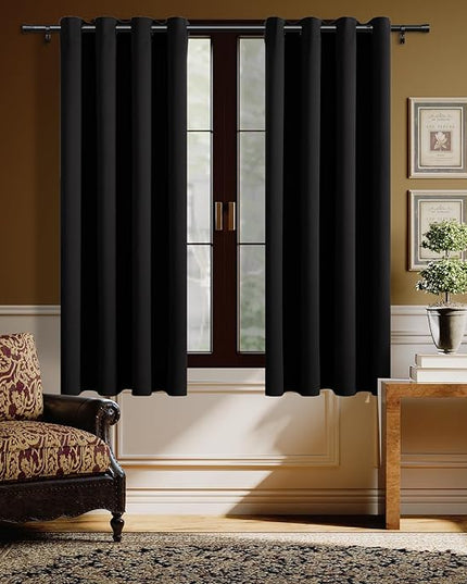 H.VERSAILTEX Black Blackout Curtain Blinds Kitchen Curtains Energy Smart Decoration Thermal Insulated Blackout Curtains for Bedroom/Small Window,2 Panels,Grommet,52 by 63 Inch