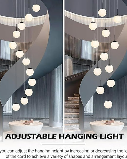 KoKo&Yukina 12-Light Black Mid Century Modern Chandelier for Living Room Staircase Chandelier for Entryway Globe Milky White Glass Pendant Light High Ceiling Chandeliers Foyer (Bulb & Remote Incl.)