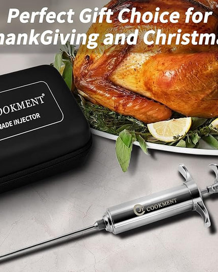 Meat Injector Syringe 2-oz Marinade Flavor Barrel 304 Stainless Steel with 3 Marinade Needles, Travel Case for BBQ Grill Smoker, Turkey, Brisket, Paper Instruction and E-book Included by JY COOKMENT
