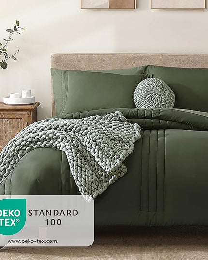 Monbix Queen Comforter Set - 7 Pieces Olive Green Bed in a Bag Queen Bedding Sets with Comforters, All Seasons Down Alternative Comforter Bed Set with Sheets, Pillowcases & Shams